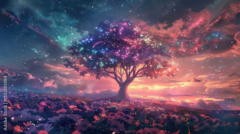 Iridescent Glowing Tree Starry Sky Glowing Flowers anime Fantasy Art Iridescent Glowing Tree Starry Sky Glowing Flowers anime Fantasy Art