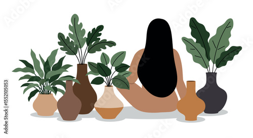 Tranquil indoor garden with woman and decorative ceramic vases - perfect for home decor design vector illustration