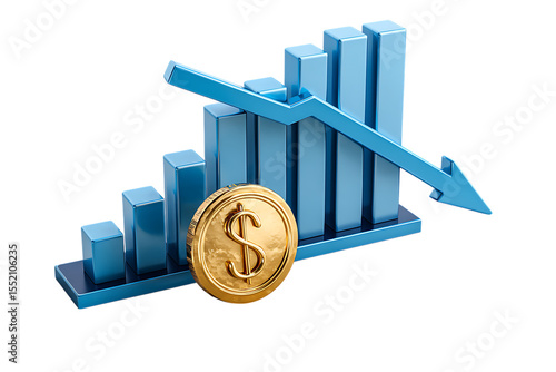 3D bar graph showing financial decline with a gold dollar coin.