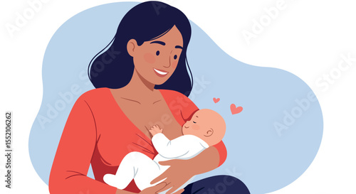 Mother's day illustration of happy mother breastfeeding baby in loving embrace vector illustration
