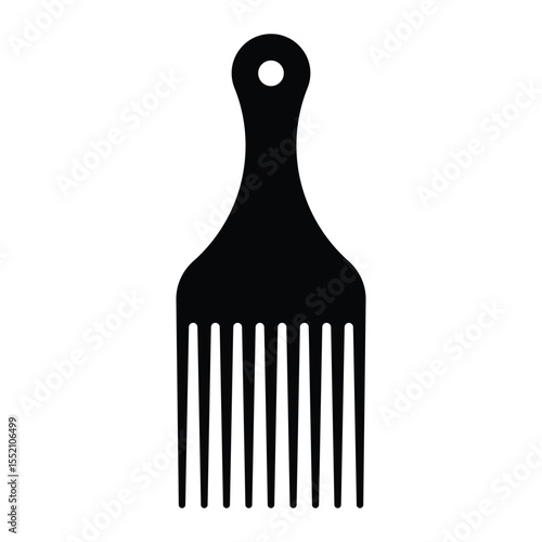 Afro pick comb vector icon. Hair styling tool for curly, coily, natural afro-textured hair care. Black silhouette of wide tooth plastic comb for grooming and detangling.