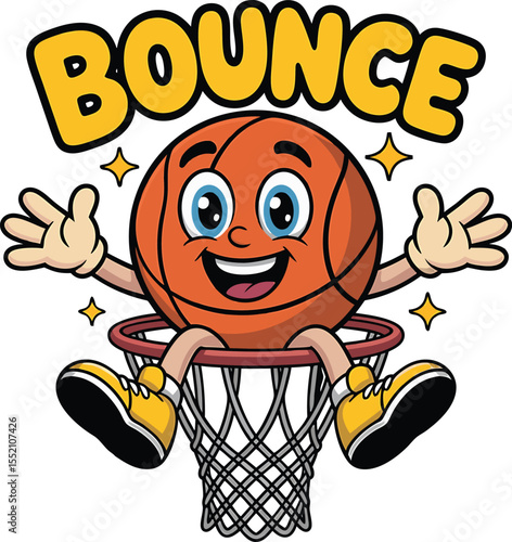 Cheerful basketball cartoon mascot bouncing through the hoop for sports and entertainment
