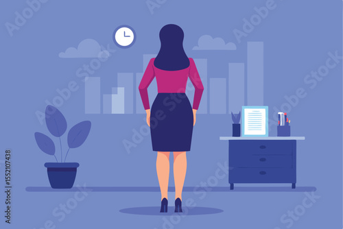 Businesswomen observing urban landscape from office, reflecting on time and productivity during a workday