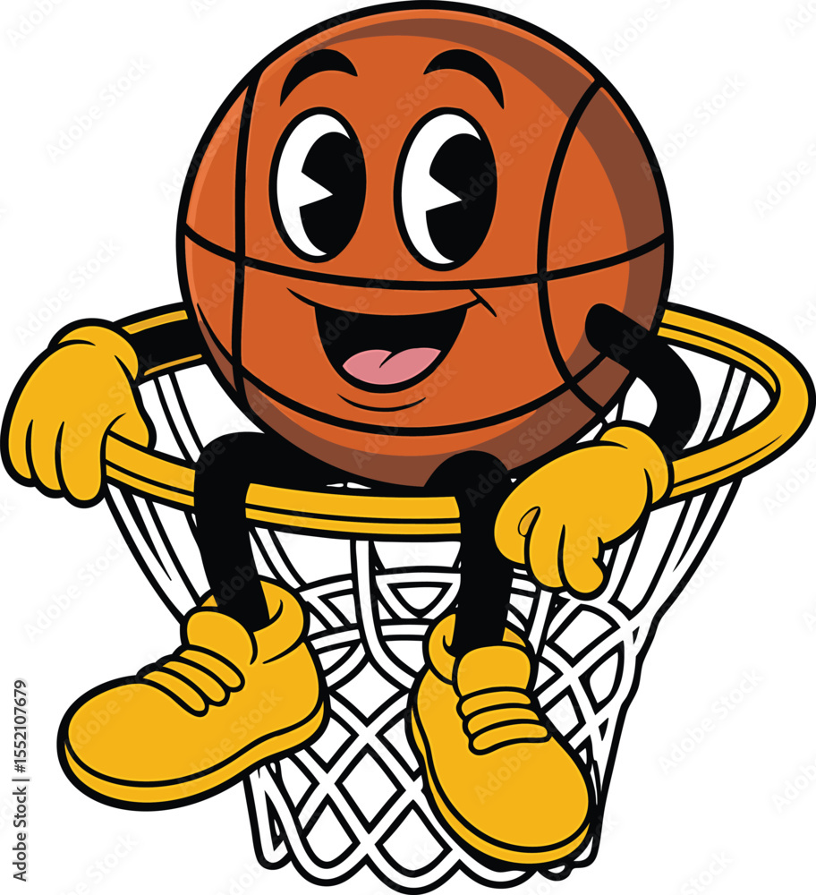 Obraz premium Cheerful basketball character sitting in a net ready for sports and fun activity