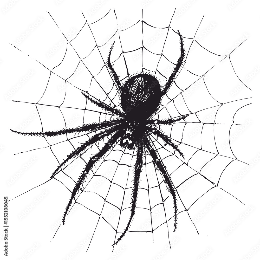 Obraz premium Realistic Spider on Web Hand Drawn Vector Illustration