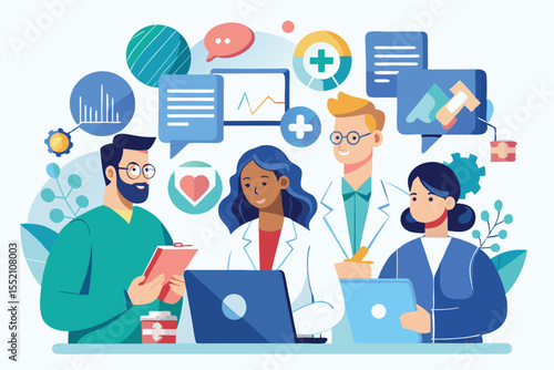 Healthcare professionals collaborate on patient care strategies in a modern medical office, utilizing technology and communication to improve service quality in 2023
