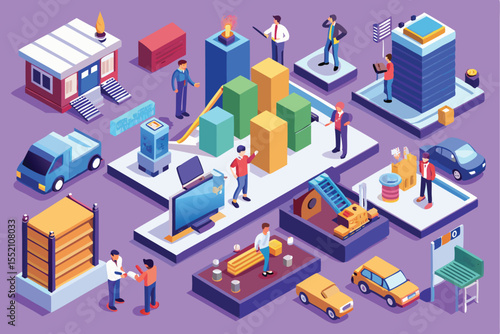 Isometric vector illustration depicting diverse professionals engaged in various occupations across different locations and activities in a vibrant urban setting