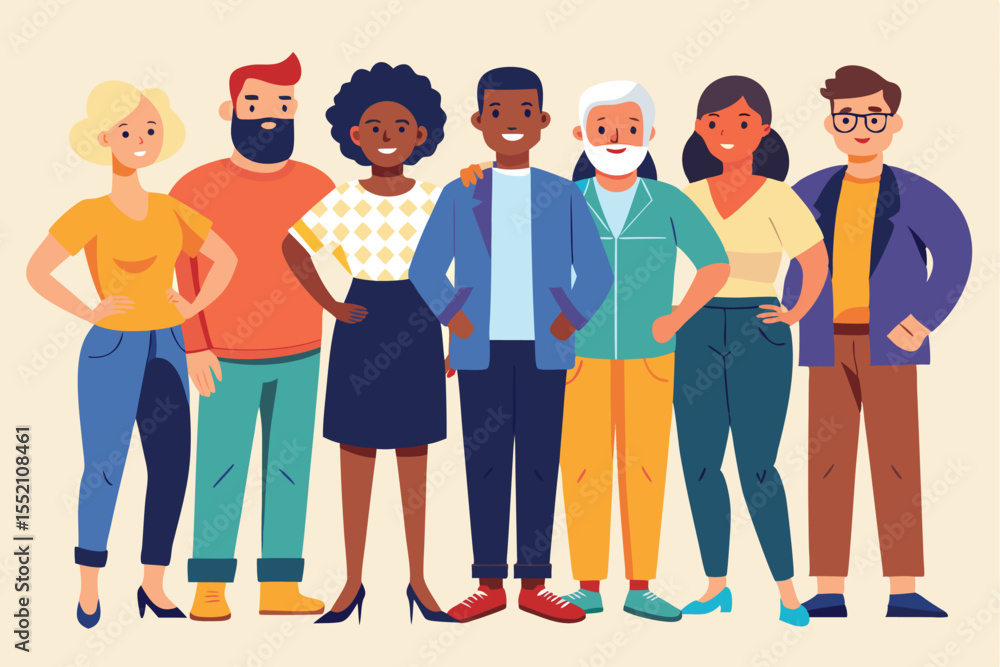 Obraz premium Diverse group of multiethnic individuals standing together, showcasing unity and friendship in a cheerful setting