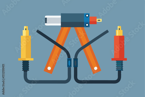 Jumper cables with flat geometric clamps ready for vehicle repair and battery maintenance in a clean workspace