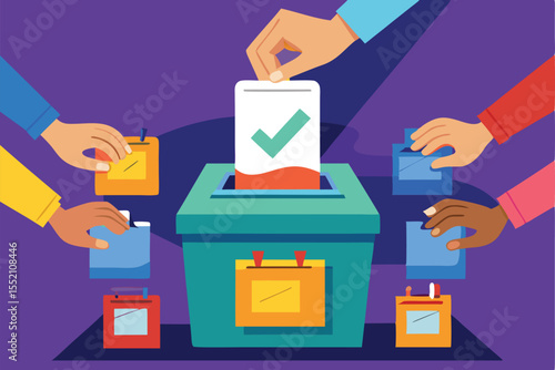 Engagement in democratic process with hands placing ballots into a colorful voting box during an election event