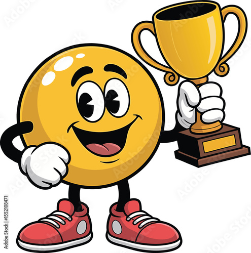 Happy smiley character celebrating victory holding gold trophy award for achieving success