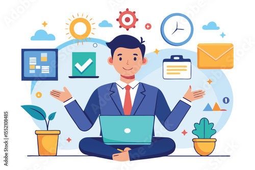 Happy businessman with multitasking skills working on his laptop while managing tasks in a dynamic office environment