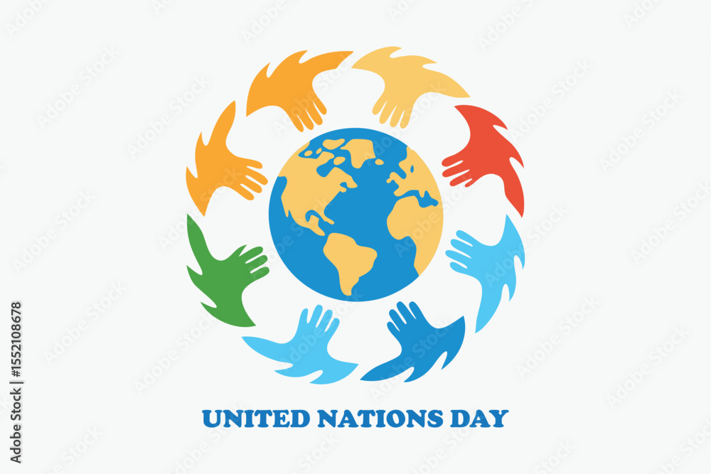 Obraz premium Interlocking Ethnic Hands Forming Globe Around UN Emblem Vector for United Nations Day.