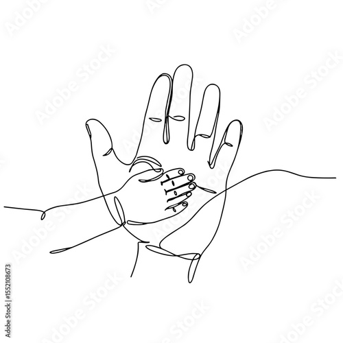 One line drawing of a big and small hand overlapping. Symbol of family, protection and parental love.

