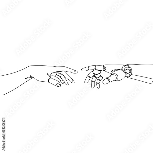 Minimal line drawing of human and robot hands reaching each other, artificial intelligence and technology concept