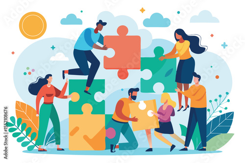 Business teamwork concept with diverse professionals collaborating on puzzle pieces in a contemporary flat style illustration during a creative brainstorming session