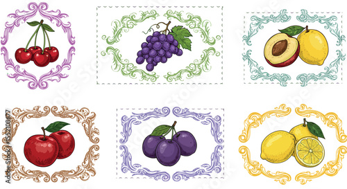 Fruit label designs featuring cherries, grapes, plums, lemons, apples, and peaches for packaging and print vector illustration
