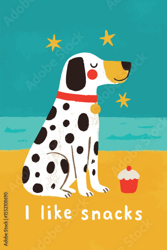 Cute and colorful illustration of a spotted dog happily sitting on the beach with a cupcake, accompanied by the phrase "I like snacks." Whimsical and playful artwork ideal for greeting cards, children