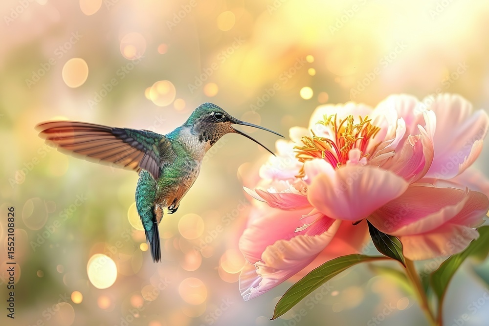 Obraz premium Hummingbird drinking nectar from a pink peony flower on a sunny day blurred background