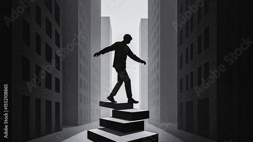 Silhouette of Man Walking on Precarious Steps Between City Buildings - Challenge Concept