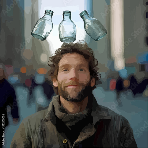 
man levitating bottles in city center