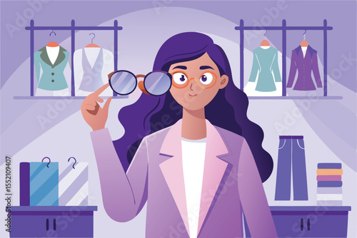 Woman in lavender jacket selects eyeglasses while browsing stylish clothing options in a modern boutique during daytime