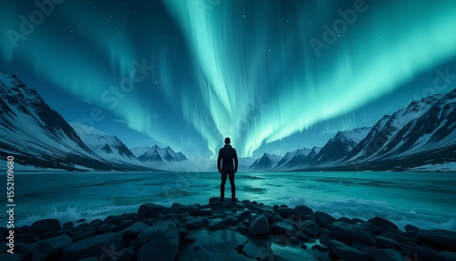 Wallpaper Mural Lone figure silhouetted against a vibrant green aurora borealis over a serene rocky shoreline and snow capped mountains Torontodigital.ca