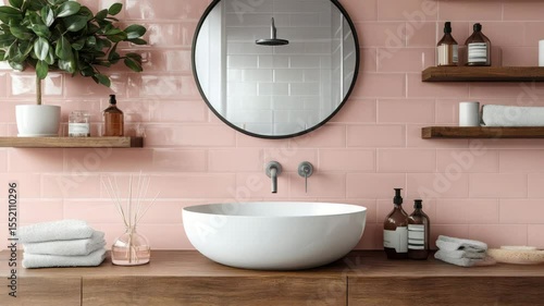 Pink-tiled bathroom with circular mirror, white sink, and warm lighting in a stylish setting