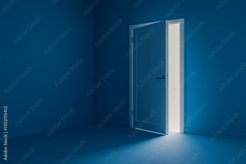Slightly Ajar Door with Bright Light in Dark Blue Room - Opportunity Concept Slightly Ajar Door with Bright Light in Dark Blue Room - Opportunity Concept