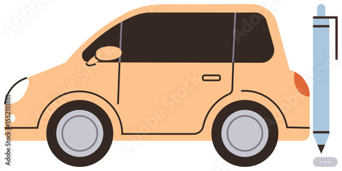 Orange compact car paired with a giant pen suggesting innovation, creativity, mobility, and modern design. Ideal for transportation, design, urban planning, automotive ideas, creativity technology
