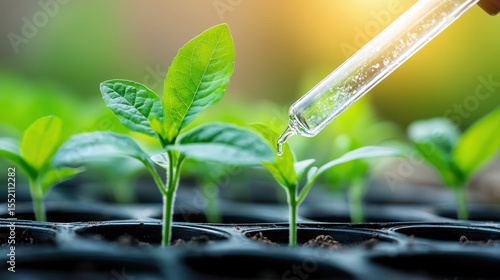 Growing plants with dropper, showcasing nurturing process of seedlings in greenhouse environment