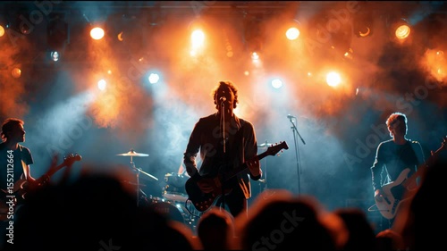A rock band energizes the crowd with their powerful performance, surrounded by colorful stage lighting. The atmosphere is filled with excitement as fans enjoy the live music experience