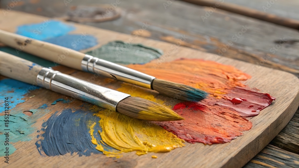 Obraz premium Artistic Wooden Palette with Colorful Oil Paints and Brushes for Creative Projects