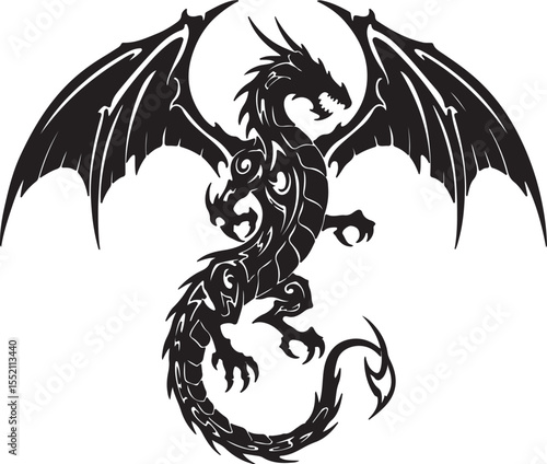 A bold tribal-style dragon tattoo design in pure black ink, with sharp wings, curled tail, and spiked body, symmetrical and isolated on a white background
