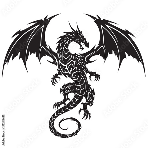 A bold tribal-style dragon tattoo design in pure black ink, with sharp wings, curled tail, and spiked body, symmetrical and isolated on a white background