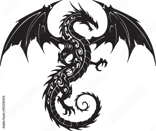 A bold tribal-style dragon tattoo design in pure black ink, with sharp wings, curled tail, and spiked body, symmetrical and isolated on a white background