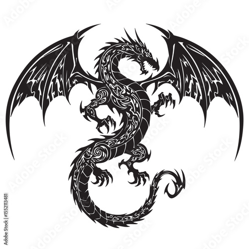 A bold tribal-style dragon tattoo design in pure black ink, with sharp wings, curled tail, and spiked body, symmetrical and isolated on a white background