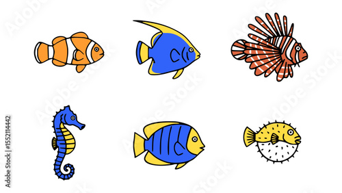 A collection of beautifully illustrated aquatic animals, showcasing vibrant fish and a seahorse