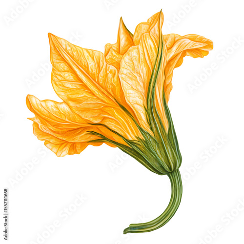 Vibrant Squash Blossom Detailed Botanical Illustration isolated on transparent background