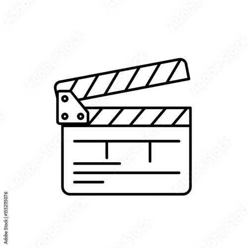 A simple line drawing of a classic film clapperboard, open, ready for filming.