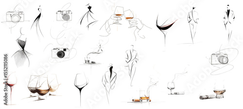 Abstract illustrations of wine glasses, cameras, and elegant figures  