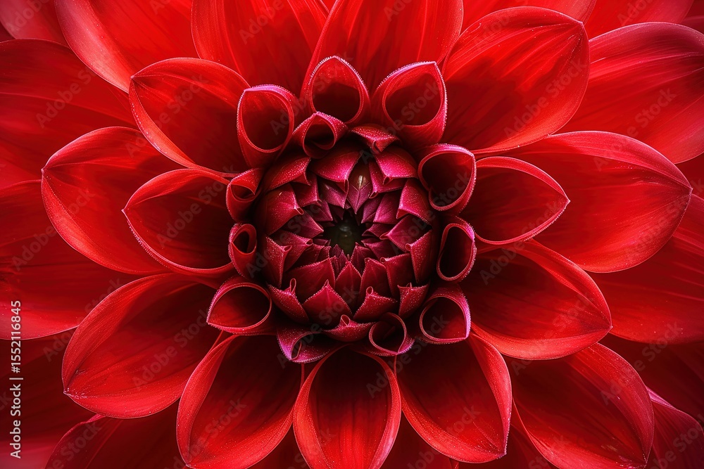 Vibrant Red Flower: A detailed close-up of a dahlia showcases its radial symmetry Vibrant Red Flower: A detailed close-up of a dahlia showcases its radial symmetry