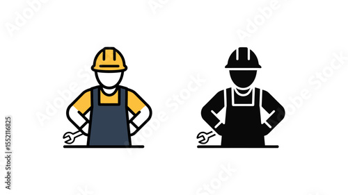 Construction worker outline and solid vector icons