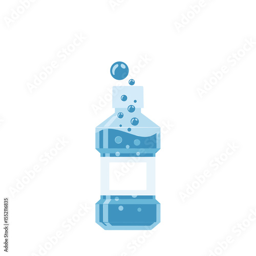 A stylized illustration of a mouthwash bottle with bubbles.