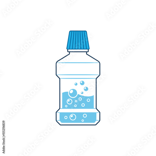 A bottle of mouthwash with bubbles, simple line art illustration.