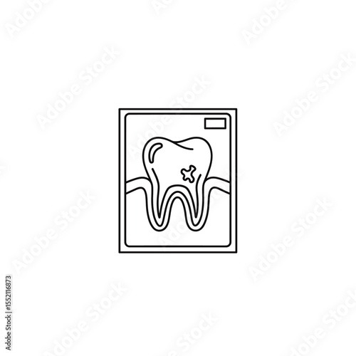Line art illustration of a tooth x-ray showing a cavity, set against a white background.