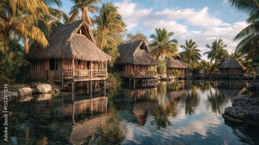 Wooden stilt houses in a serene village surrounded by lush palm trees under a bright blue sky Wooden stilt houses in a serene village surrounded by lush palm trees under a bright blue sky