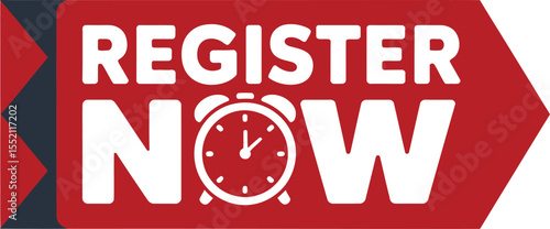 Urgent Call to Action Register Now Banner with Clock Timepiece Icon and Red Arrow Shape for Website