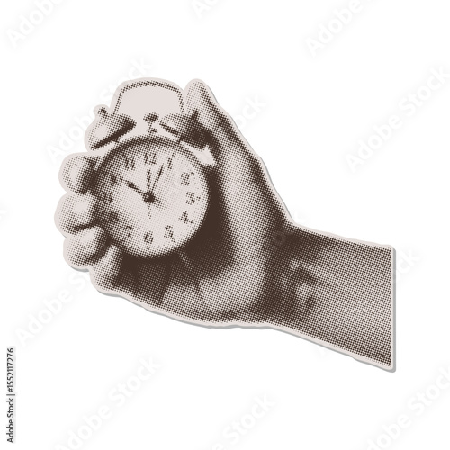 Male hand holding alarm clock - retro halftone grunge dotted collage element. Time urgency, waking up, deadline concept template design metaphor with vintage pop art magazine dots element. Vector