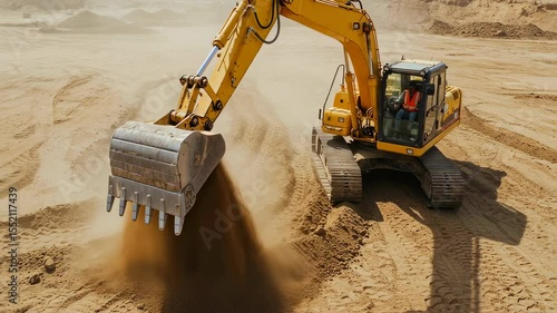 Man operating a heavy yellow excavator on construction site. Earthmoving equipment digging sand during desert work footage.
